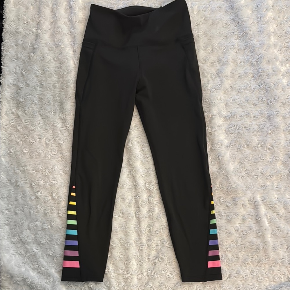 Legend brand Black workout Leggings with pastel Rainbow Stripes and side pockets
